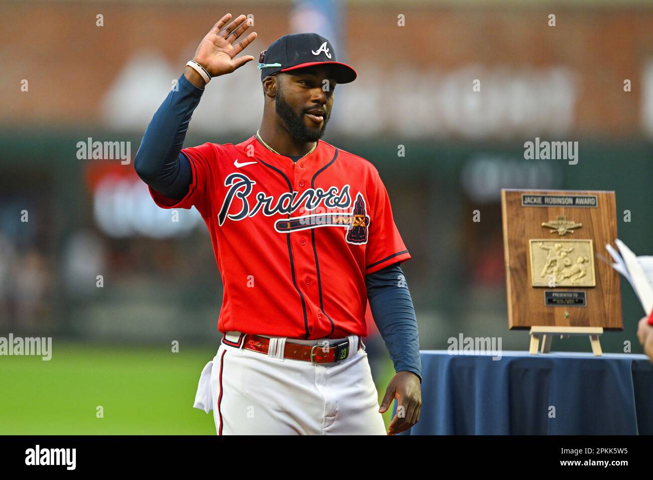 ATLANTA, GA – APRIL 07: Atlanta center fielder Michael Harris II (23)  accepts the Jackie Robinson Award for Rookie of The Year prior to he start  of the MLB game between the