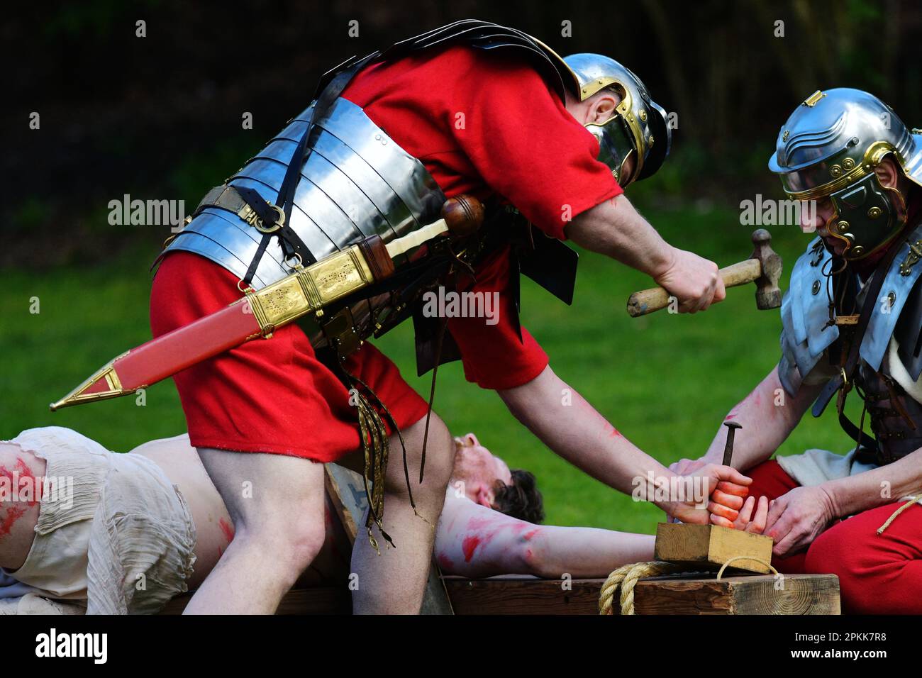 Edinburgh Scotland, UK 08 April 2023. Edinburgh Easter Play, The Life of Jesus Christ takes place in Princes Street Gardens with a cast of around 30 people in period costumes, including Antonine Guards. credit sst/alamy live news Stock Photo