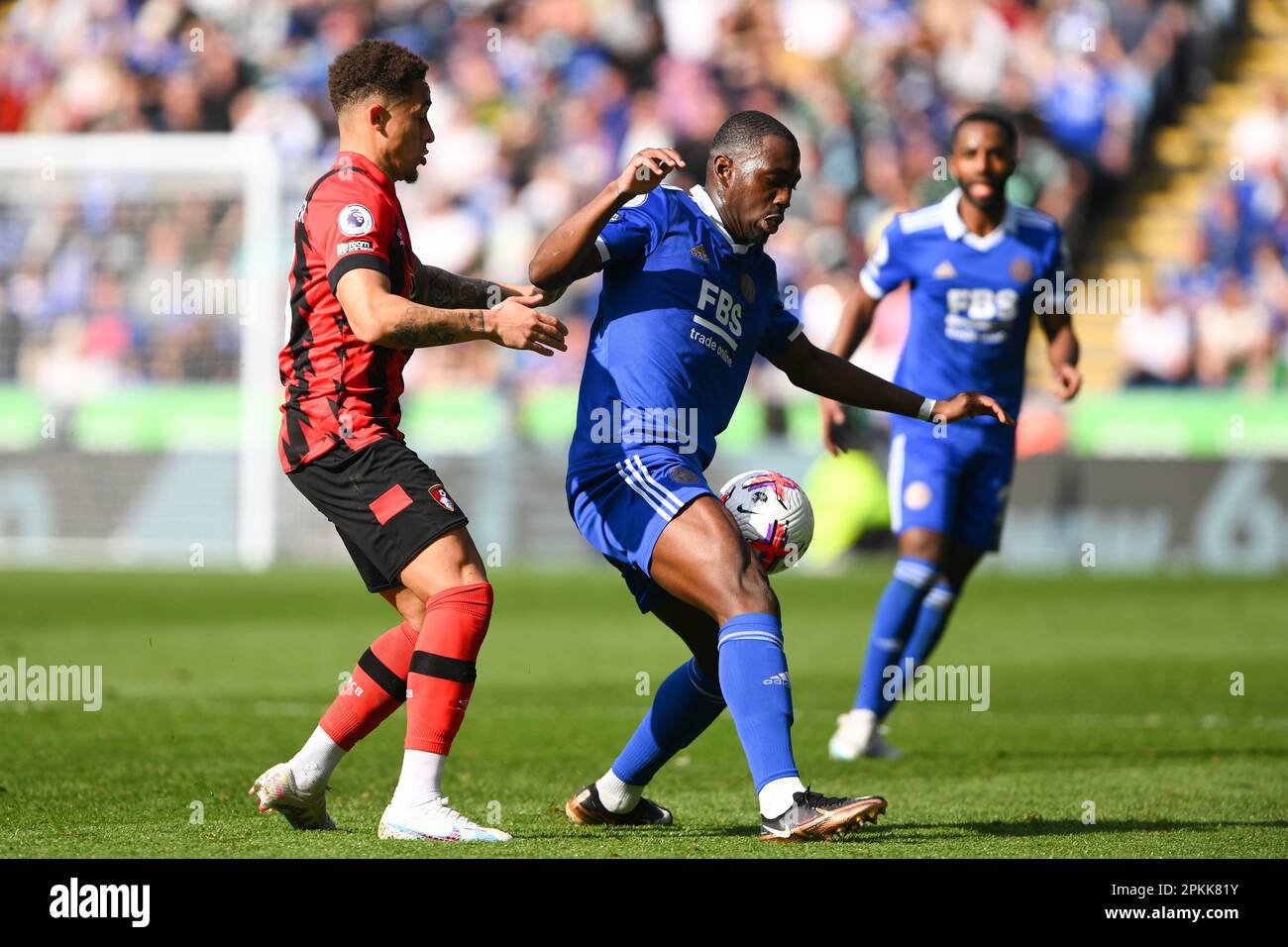 Boubakary Soumare of Leicester City shields the ball from Marcus Tavernier of Bournemouth during the Premier League match between Leicester City and Bournemouth at the King Power Stadium, Leicester on Saturday 8th April 2023. (Photo: Jon Hobley | MI News) Credit: MI News & Sport /Alamy Live News Stock Photo