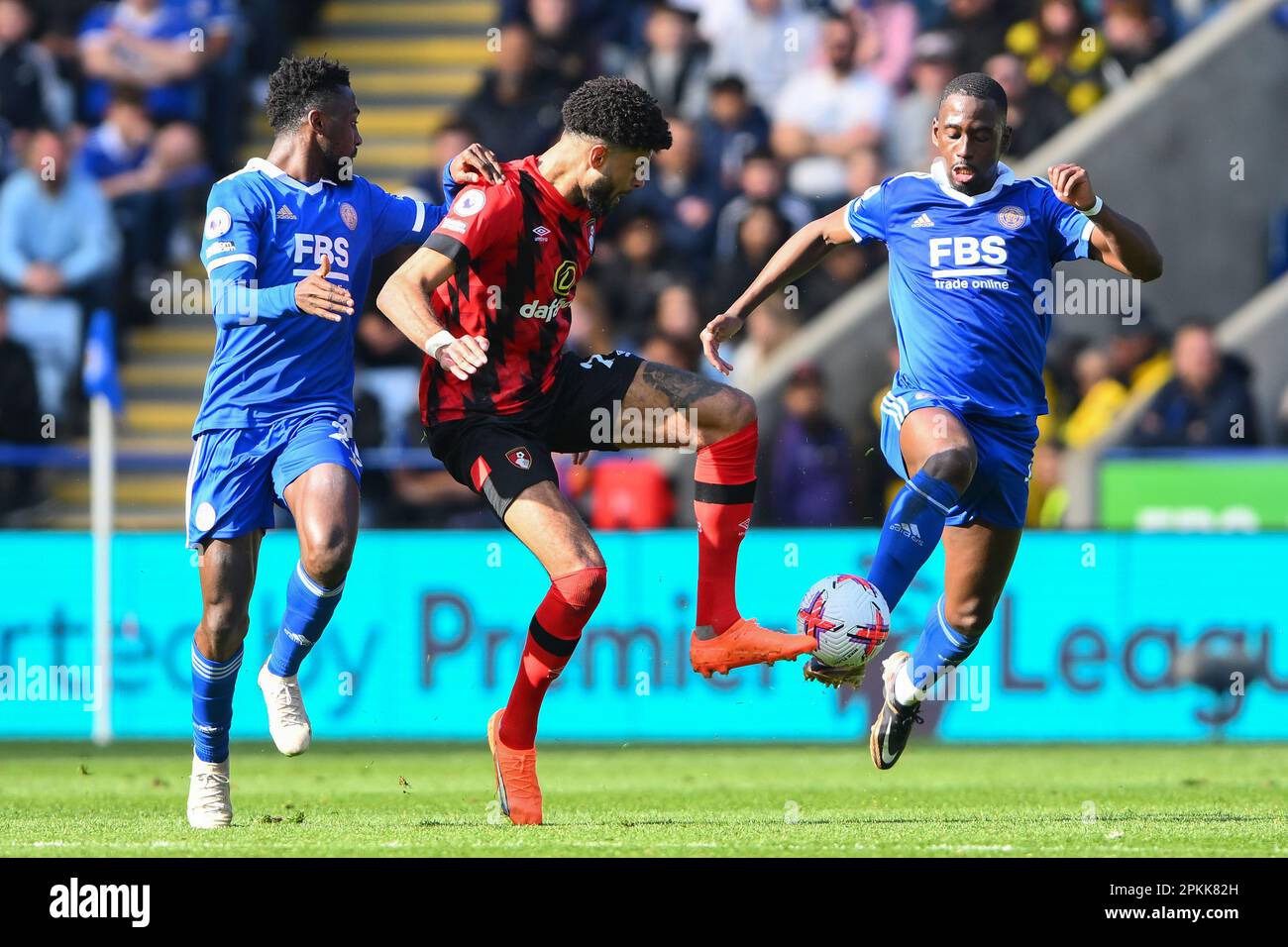 Philip Billing of Bournemouth battles with Boubakary Soumare of Leicester City and Wilfred Ndidi of Leicester City during the Premier League match between Leicester City and Bournemouth at the King Power Stadium, Leicester on Saturday 8th April 2023. (Photo: Jon Hobley | MI News) Credit: MI News & Sport /Alamy Live News Stock Photo