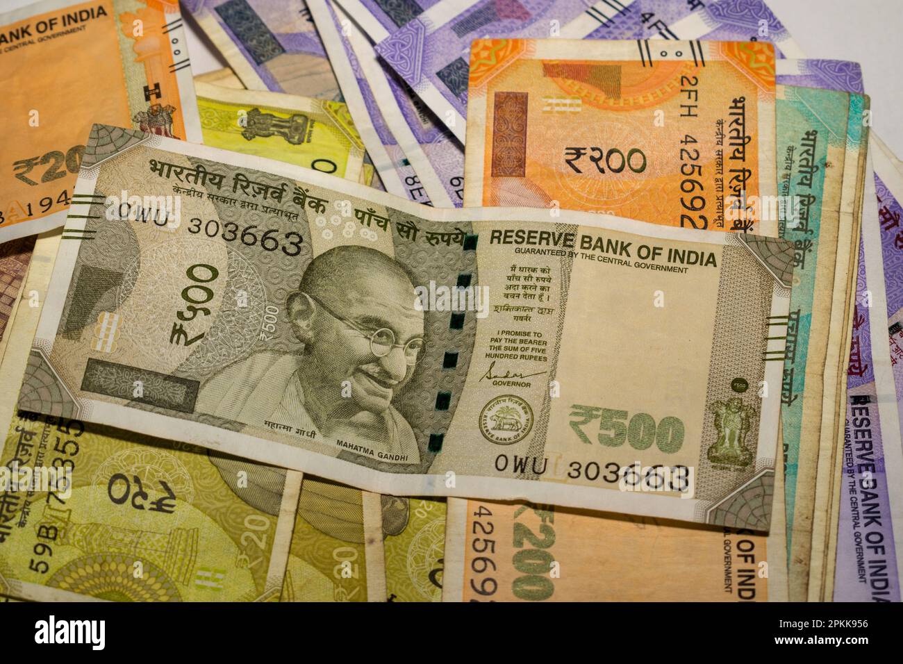 New currency notes of the Indian rupee, in 500, 200, 100, 50, and 20