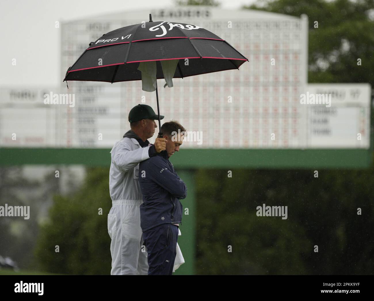 Augusta, United States. 08th Apr, 2023. Justin Thomas reacts as caddie