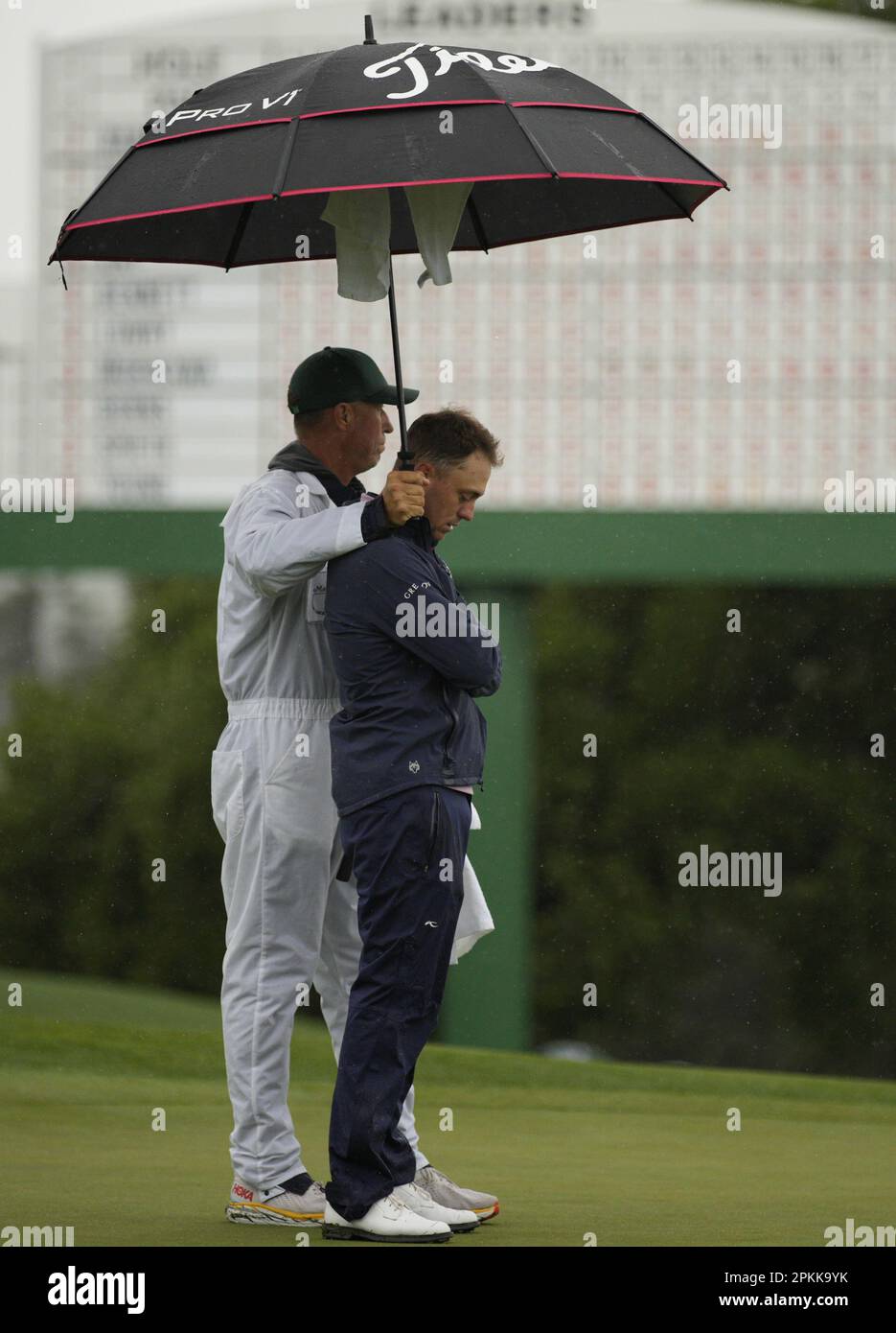 Augusta, United States. 08th Apr, 2023. Justin Thomas reacts as caddie