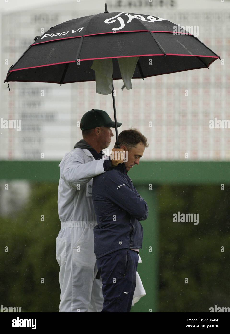 Augusta, United States. 08th Apr, 2023. Justin Thomas reacts as caddie