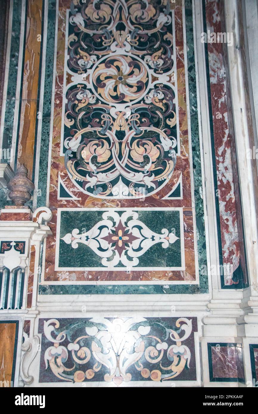 Inlaid marble decoration in Santa Teresa degli Scalzi, church in the historic center of Naples, Italy Stock Photo