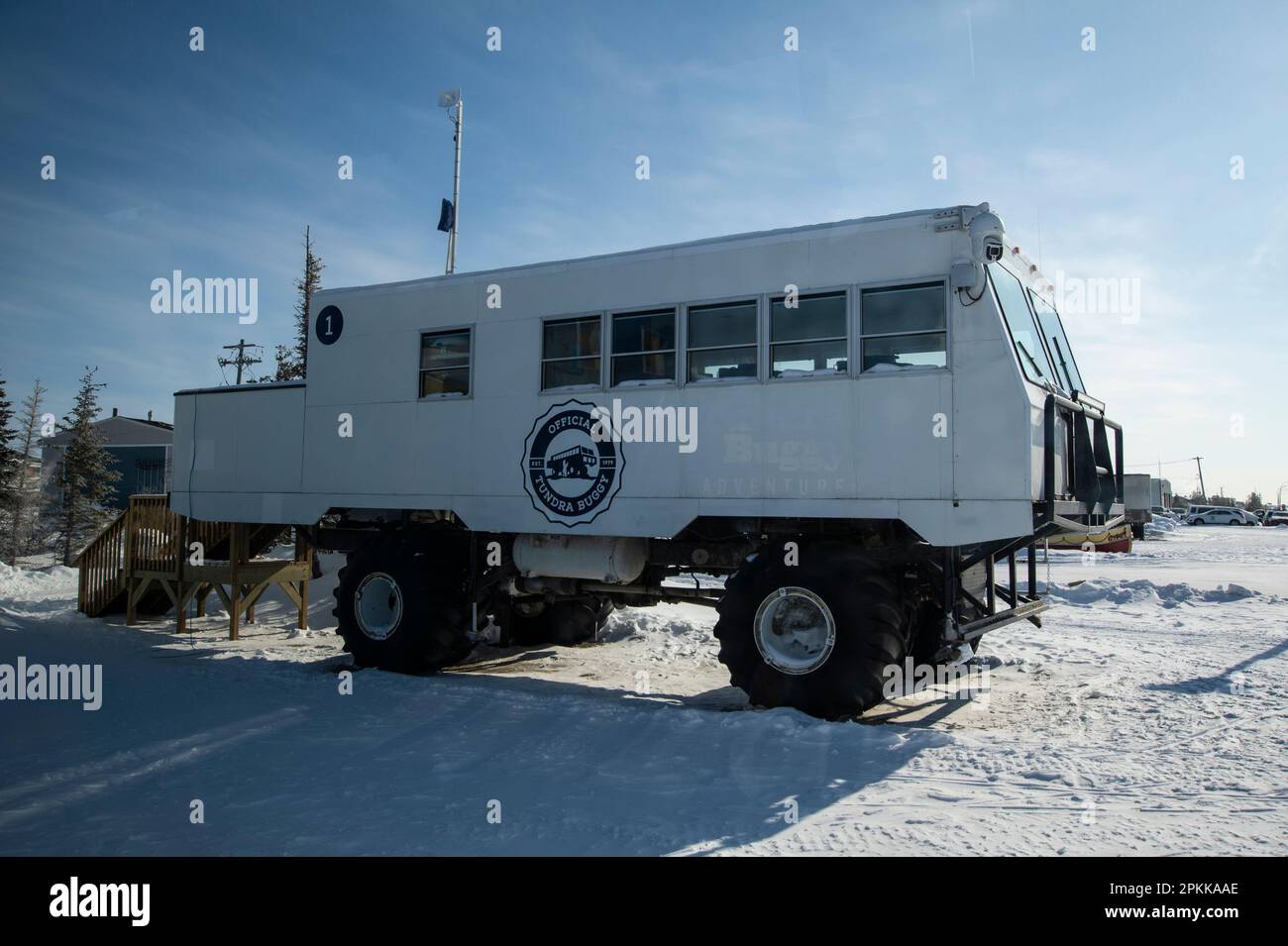Tundra buggy parked in downtown Churchill, Manitoba, Canada Stock Photo