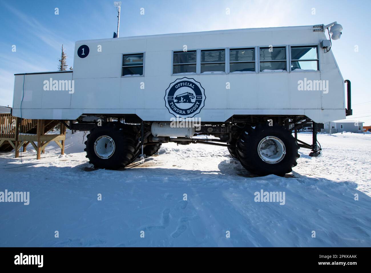 Tundra buggy parked in downtown Churchill, Manitoba, Canada Stock Photo