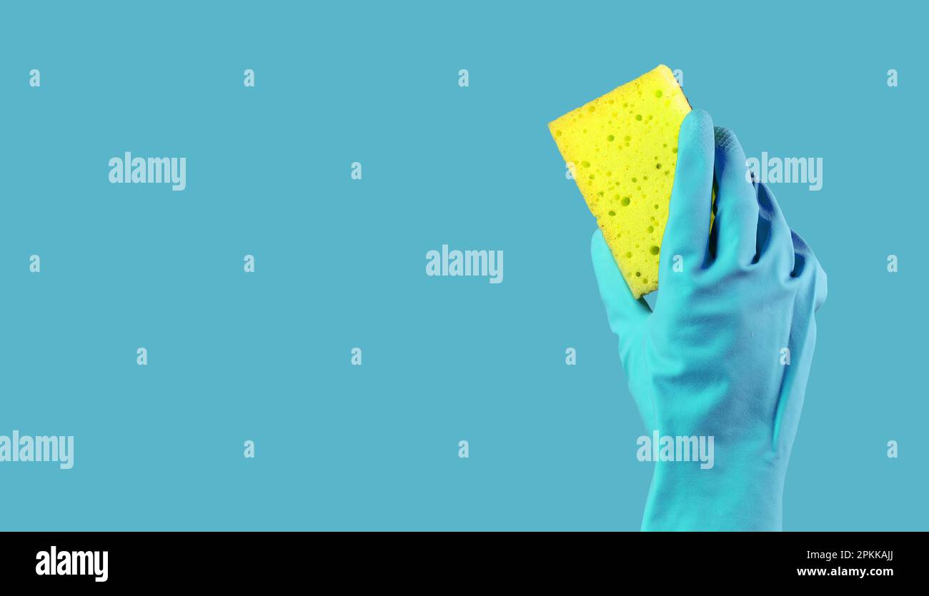 Yellow washing sponge in hand in blue glove on background, promotion ...