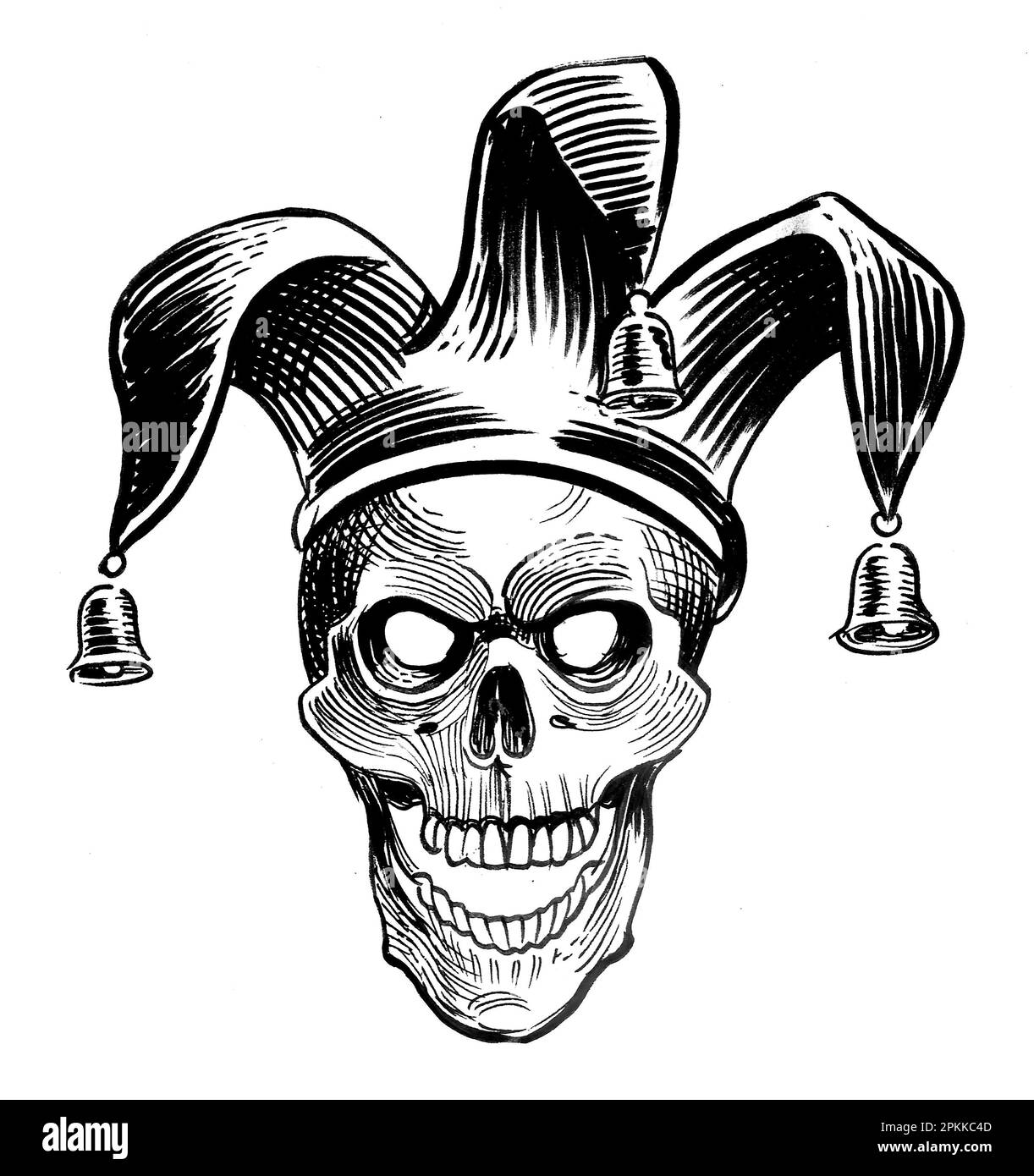 Evil skull in jester's hat. Ink black and white drawing Stock Photo - Alamy