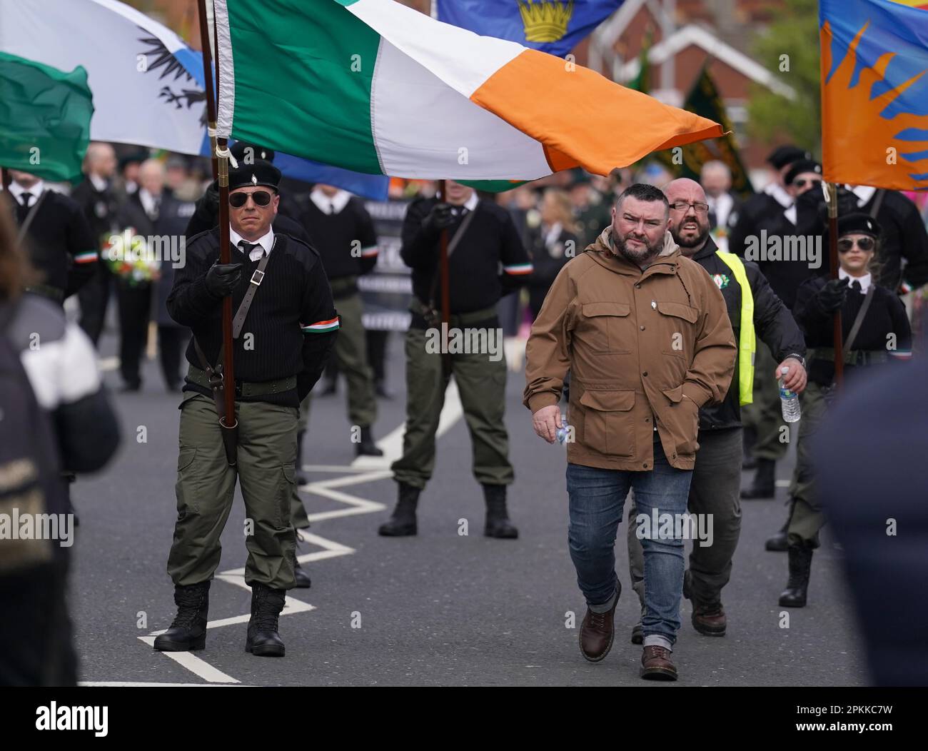 Thomas Ashe Mellon (2nd right) during an Easter commemoration parade in  Belfast. Easter parades are held annually across The Island of Ireland by  Republicans to commemorate the 1916 Easter Rising in Dublin