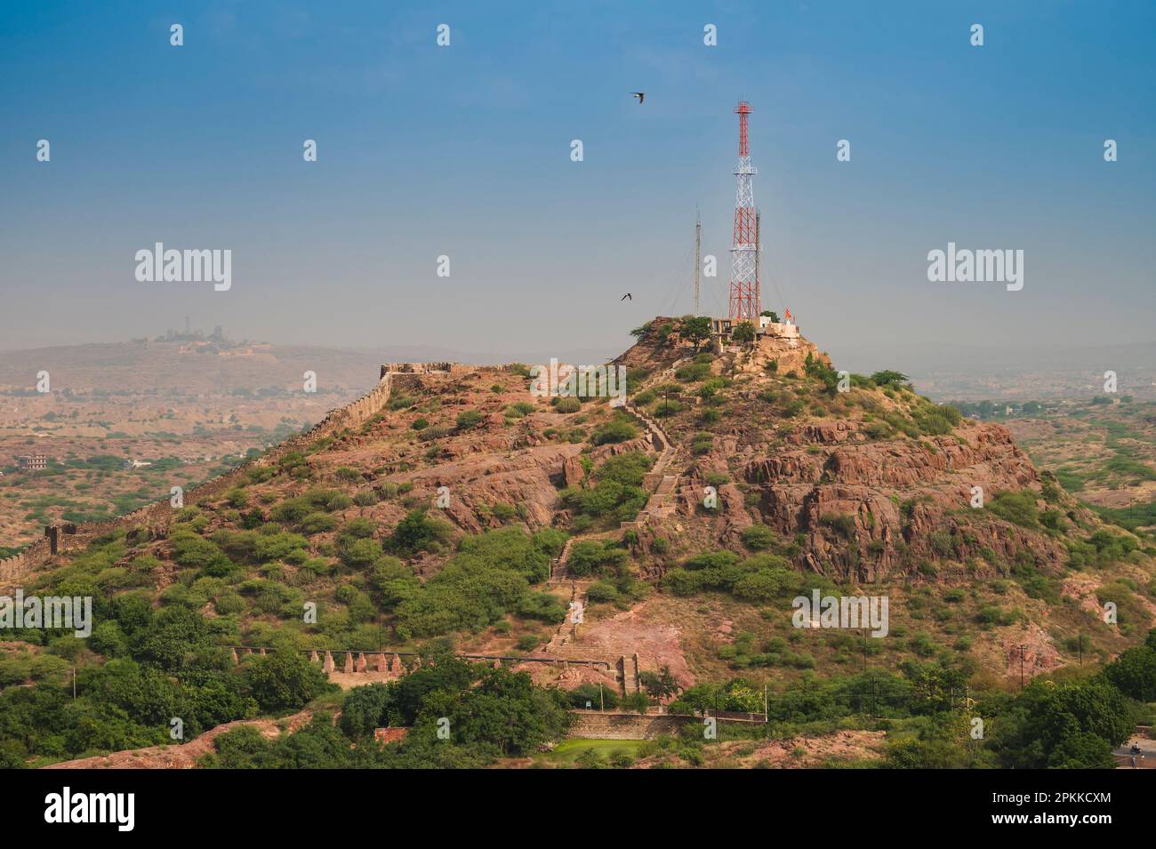 View of Jodhpur city mobile tower beside Mehrangarh fort, jodhpur, Rajasthan, India. Blue sky in the background. History meets modern technology here. Stock Photo