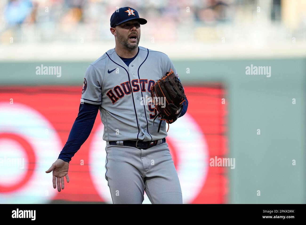 Houston Astros relief pitcher Ryan Pressly reacts after being called