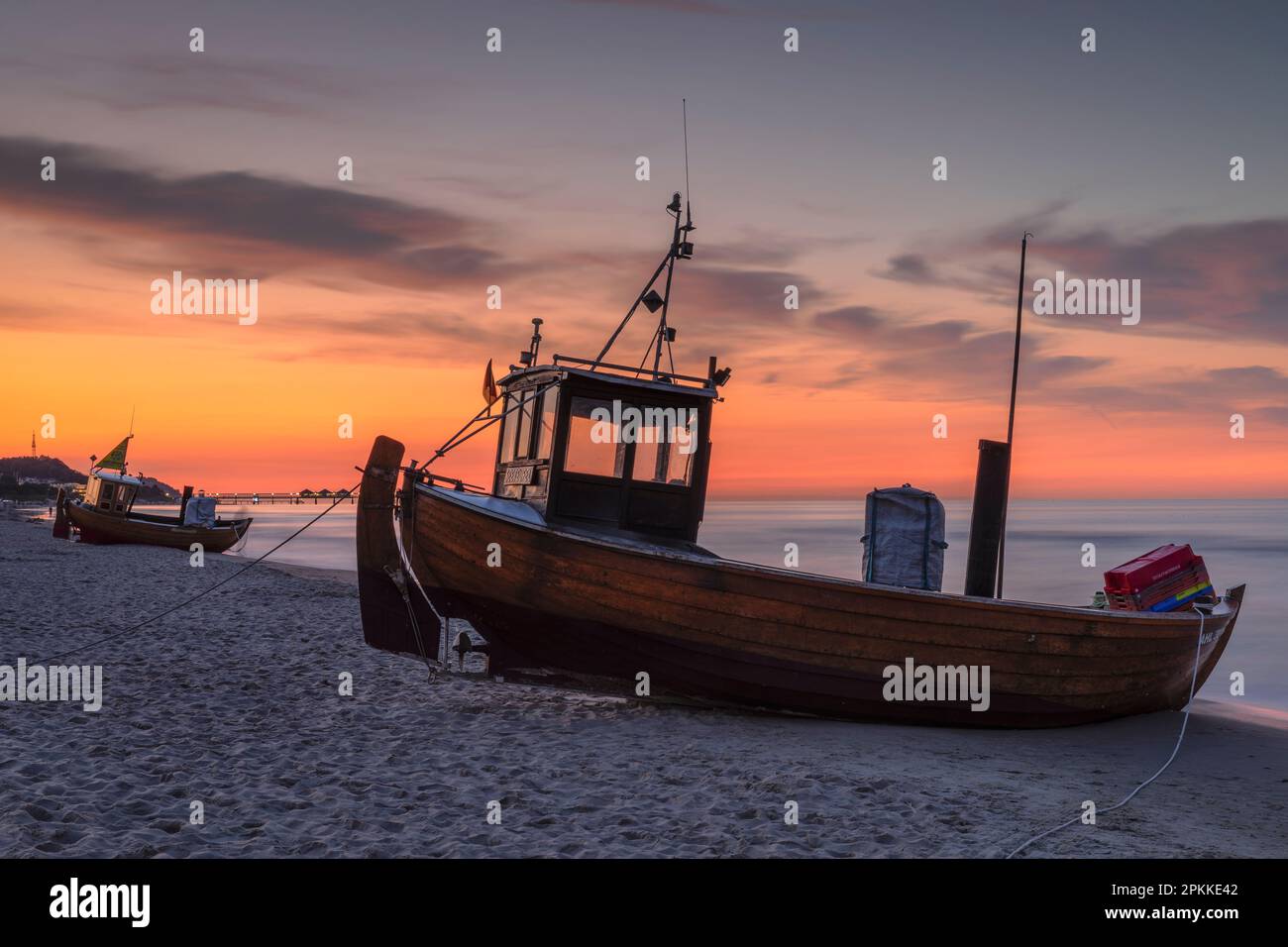 Fishing boat on the beach of Ahlbeck, Usedom Island, Baltic Sea, Mecklenburg-Western Pomerania, Germany, Europe Stock Photo
