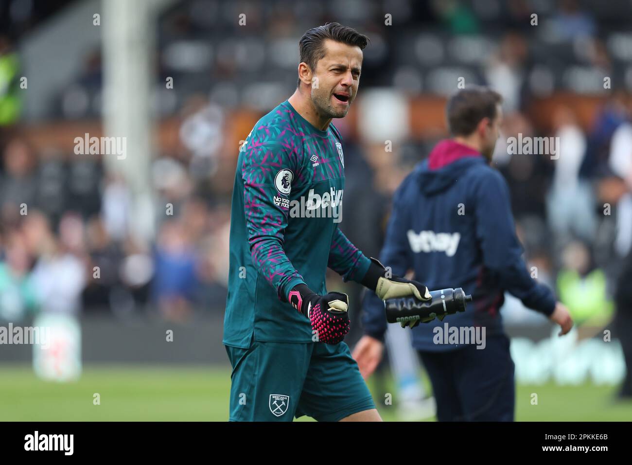 Craven Cottage, Fulham, London, UK. 8th Apr, 2023. Premier League Football, Fulham versus West Ham United; Emotional goalkeeper Lukasz Fabianski of West Ham United United celebrates win with the away fans Credit: Action Plus Sports/Alamy Live News Stock Photo