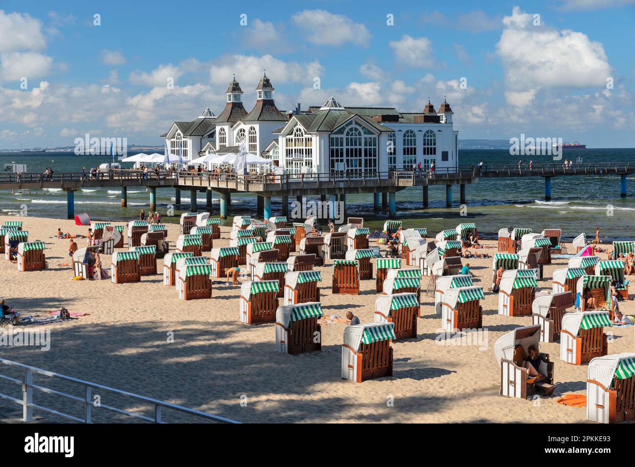 Pier and beach chairs on the beach of Sellin, Ruegen Island, Baltic Sea, Mecklenburg-Western Pomerania, Germany, Europe Stock Photo