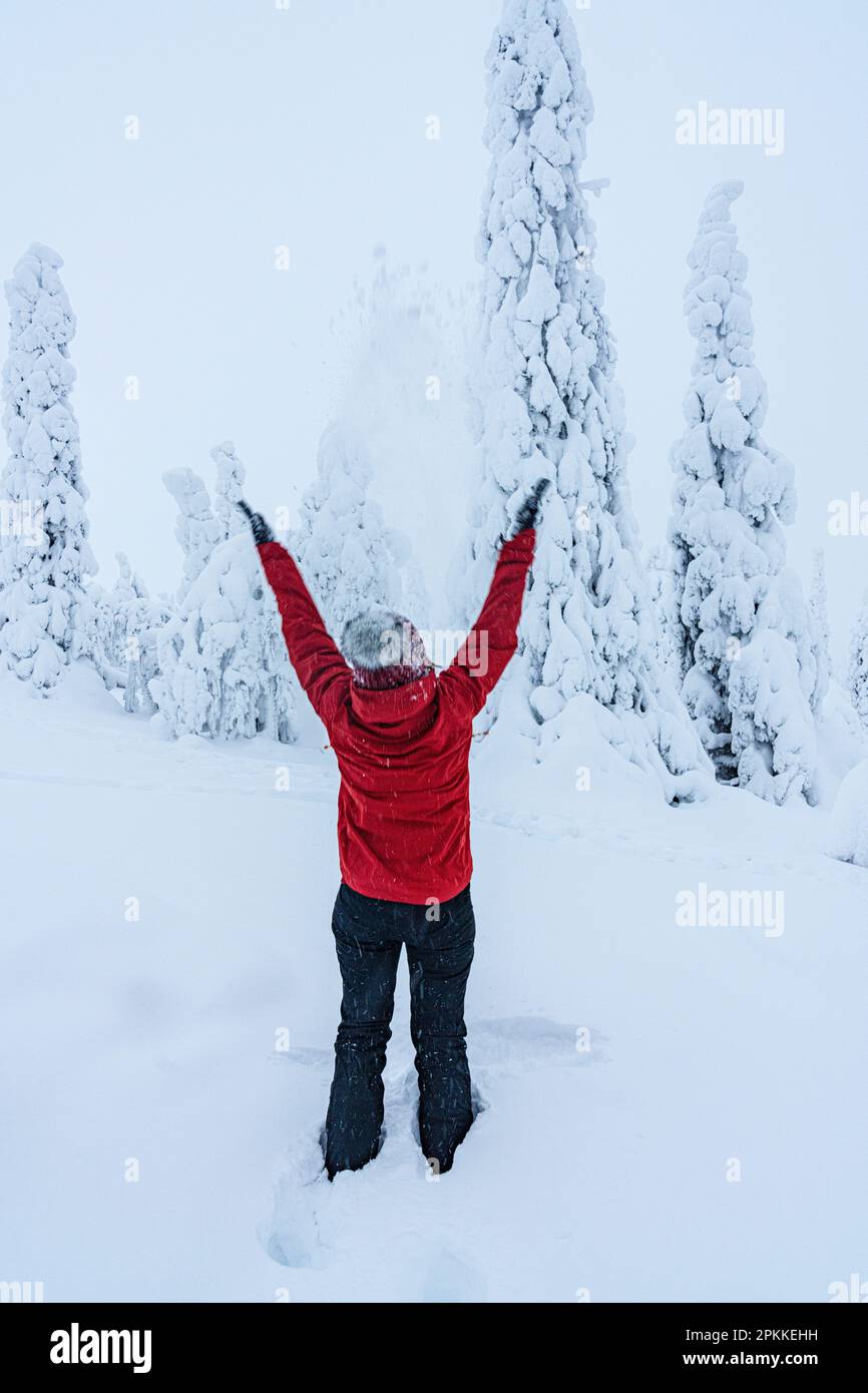 Cheerful woman with arms outstretched playing with snow, Lapland, Finland, Europe Stock Photo