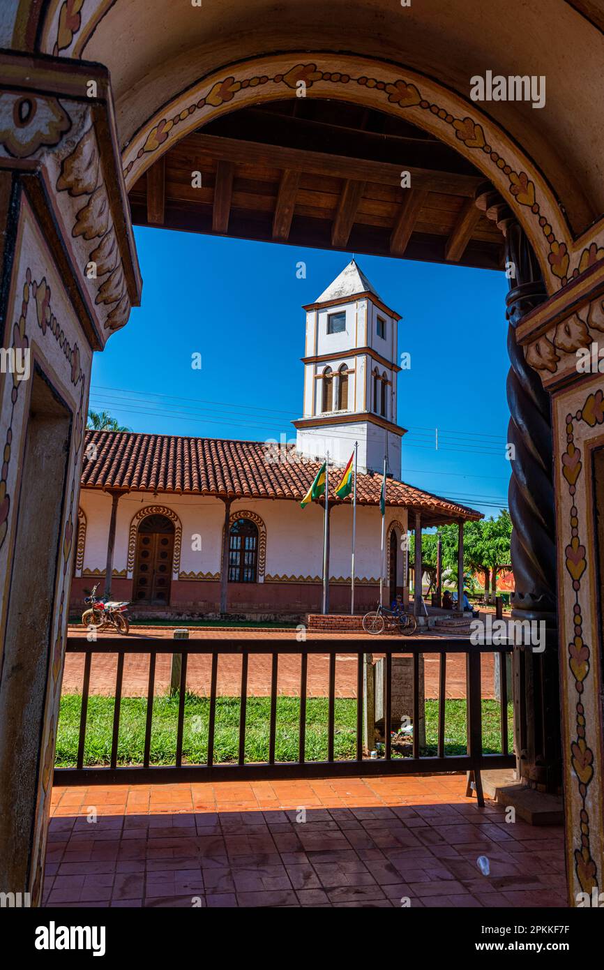 Front portal of the Mission of Concepcion, Jesuit Missions of Chiquitos, UNESCO World Heritage Site, Santa Cruz department, Bolivia, South America Stock Photo