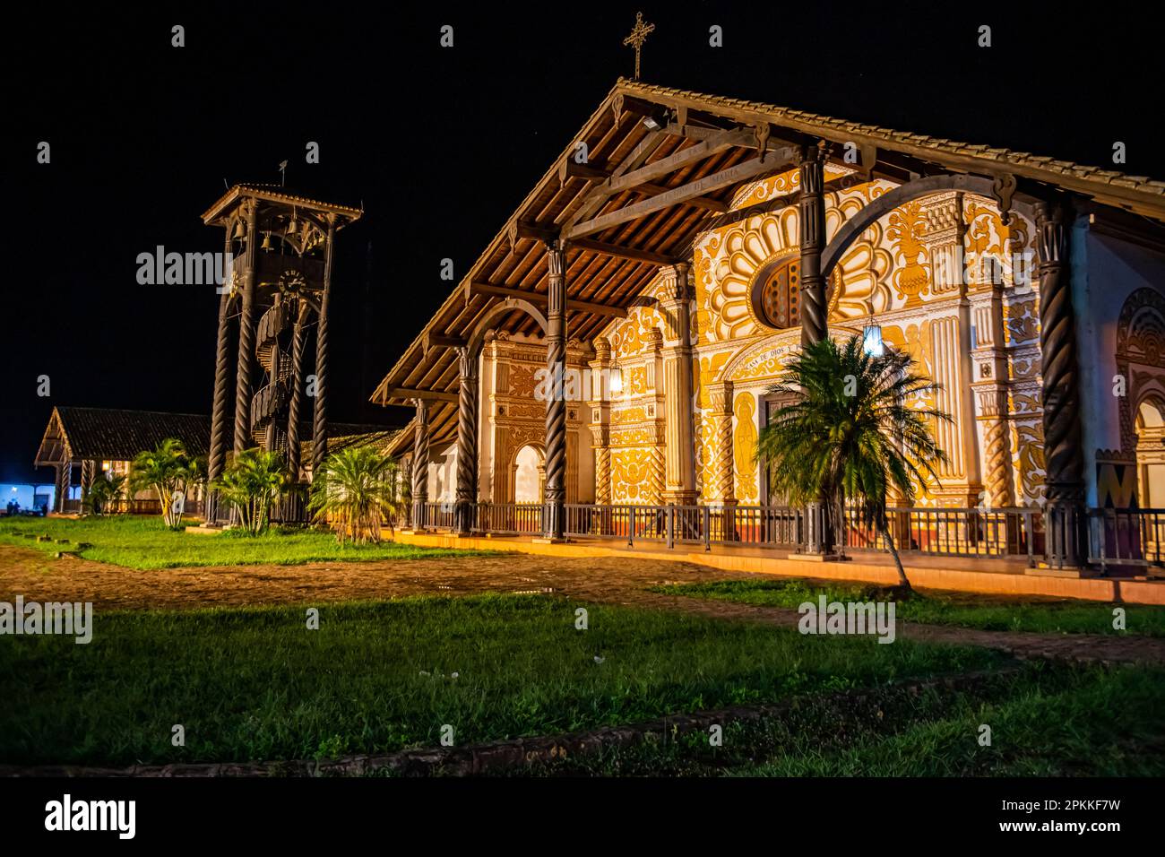 Front portal of the Mission of Concepcion at night, Jesuit Missions of Chiquitos, UNESCO World Heritage Site, Santa Cruz department, Bolivia Stock Photo