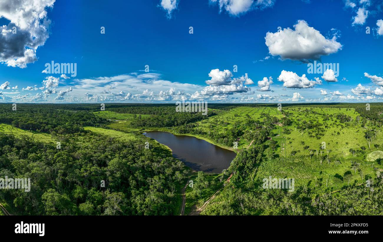Aerial of a lake near the Santa Ana Mission, Jesuit Missions of Chiquitos, Santa Cruz department, Bolivia, South America Stock Photo