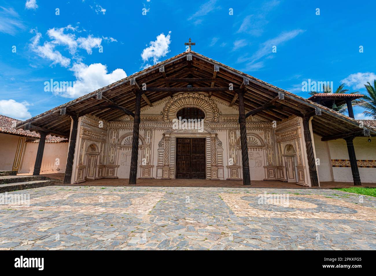 Colourful painted front portal, San Javier Mission, Jesuit Missions of Chiquitos, UNESCO World Heritage Site, Santa Cruz department, Bolivia Stock Photo