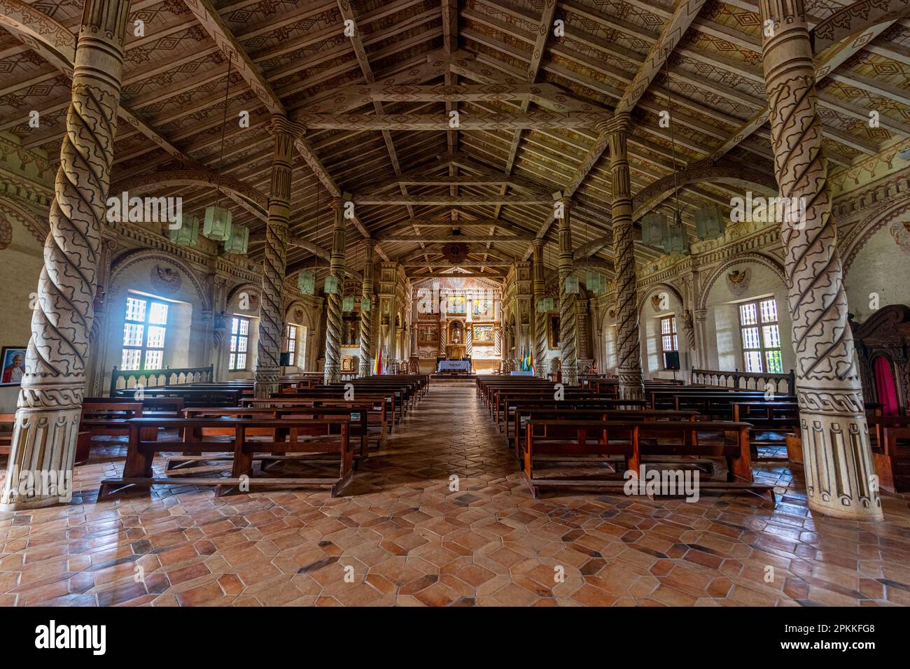 Colourful painted San Javier Mission, Jesuit Missions of Chiquitos, UNESCO World Heritage Site, Santa Cruz department, Bolivia, South America Stock Photo