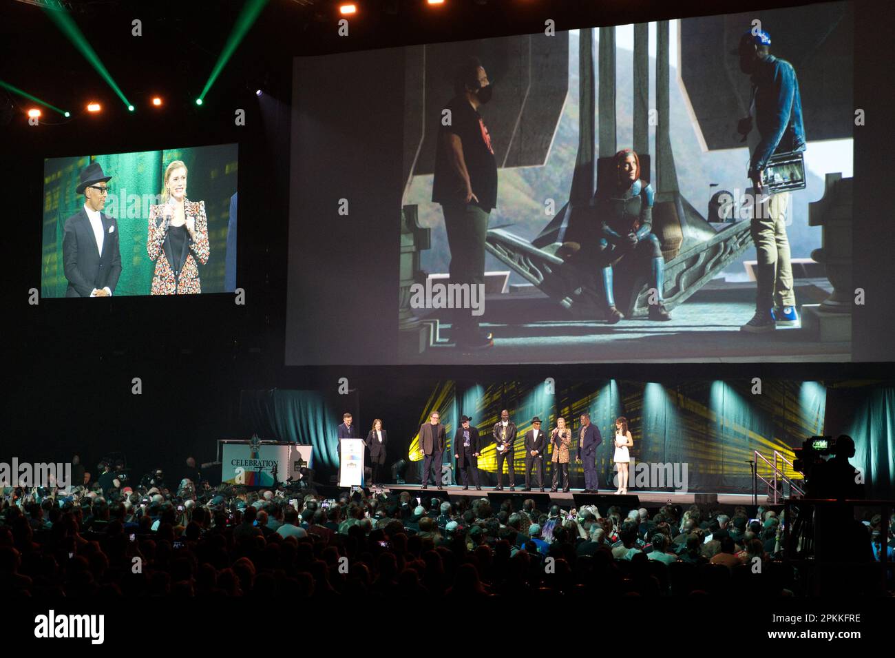 The mandalorian cast on stage at star wars celebration 2023 stock photo