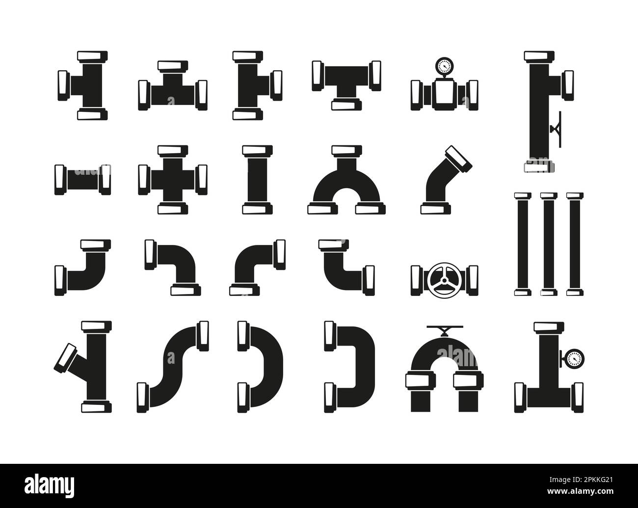 Silhouette pipeline elements. Black plumbing pipe parts, water tube