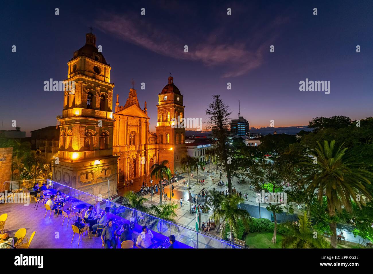 Cathedral Basilica of St. Lawrence at nighttime, Santa Cruz de la Sierra, Bolivia, South America Stock Photo