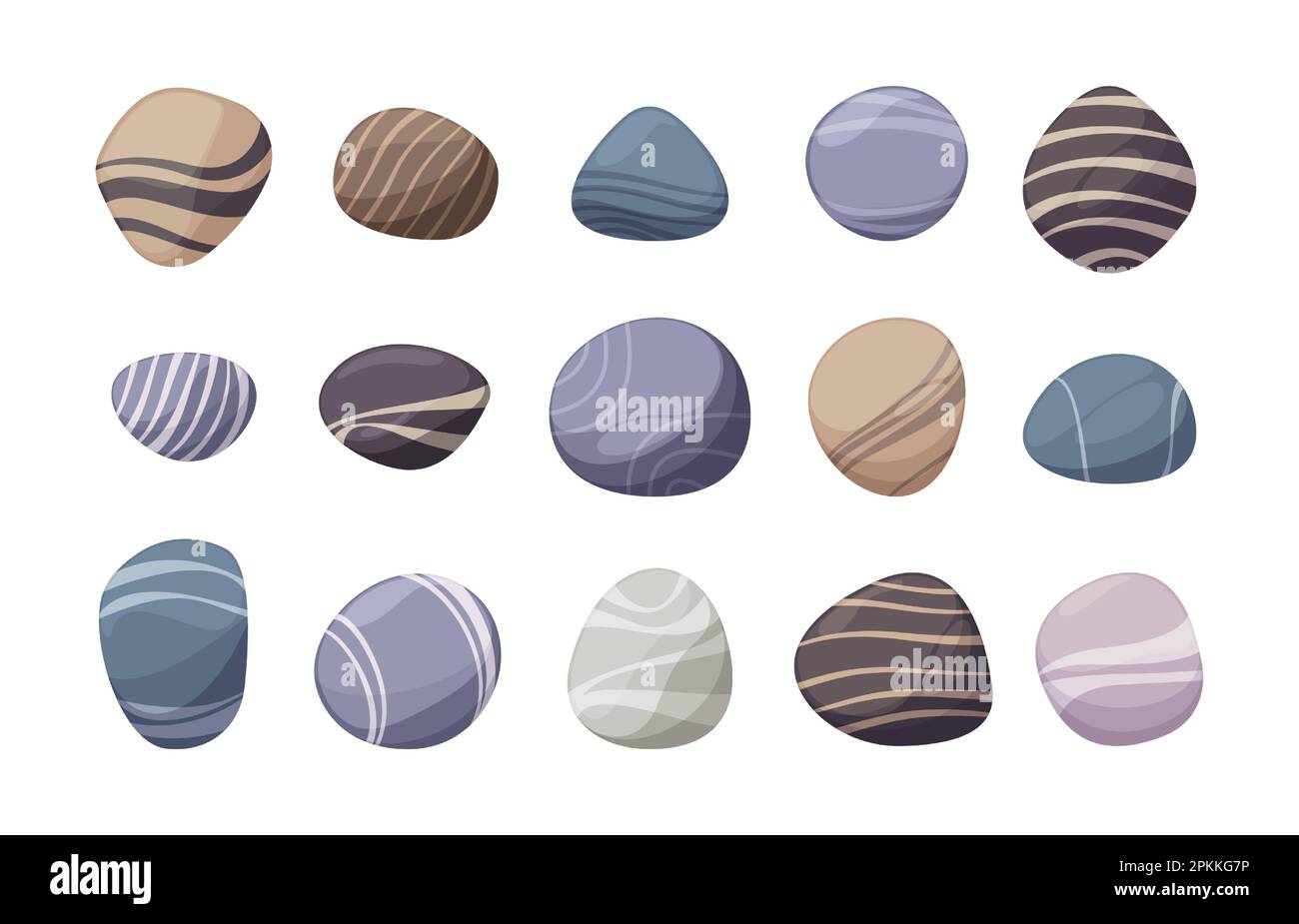 River stones. Colorful rounded pebbles in various colors and shapes for for decoration or landscaping, smooth under the sea stone set. Vector collection. Natural underwater solid rubble Stock Vector