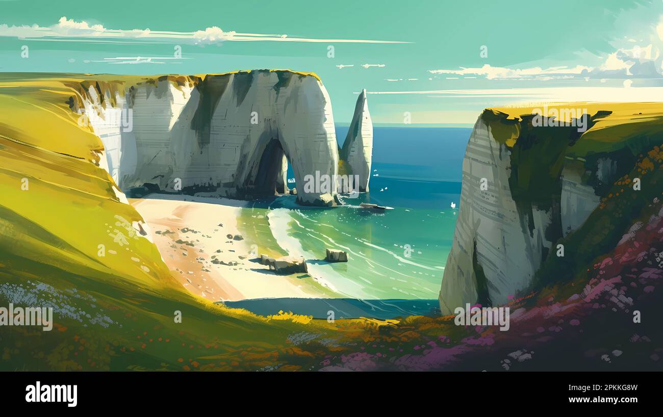 Panoramic view of the beach of Etretat in Normandy, France Stock Photo ...