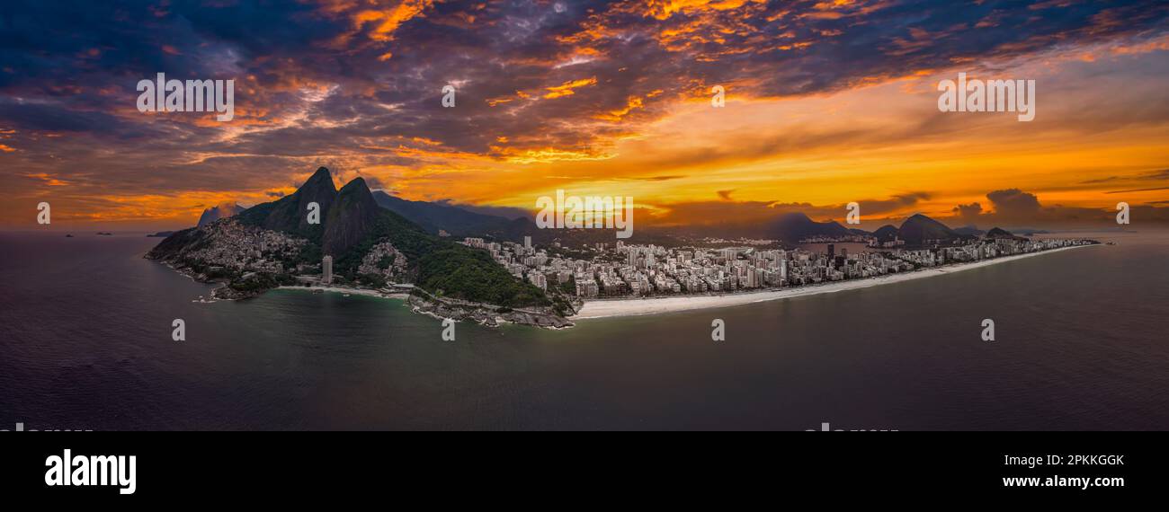 Aerial of Leblon beach, with Two Brothers Peak, Rio de Janeiro, Brazil, South America Stock Photo