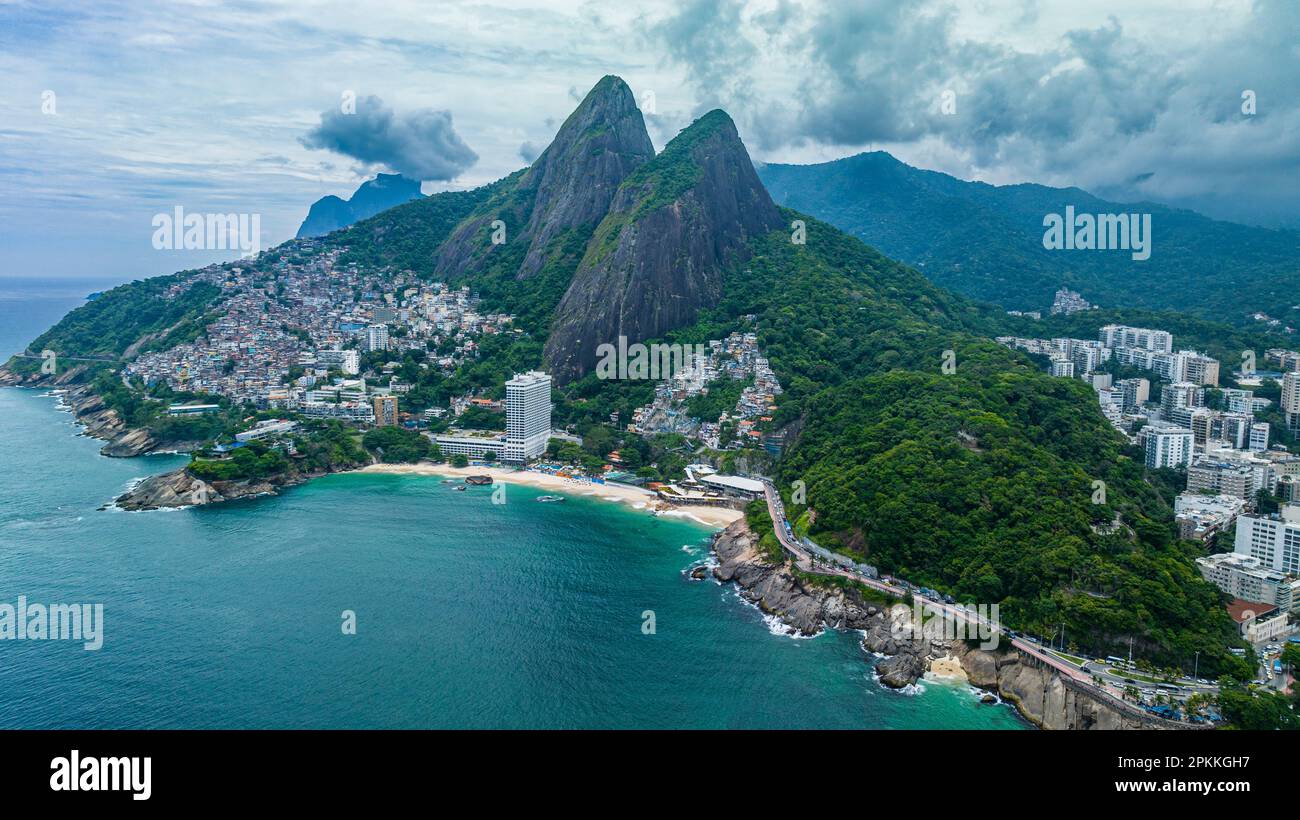 Aerial of Two Brothers Peak, Rio de Janeiro, Brazil, South America Stock Photo