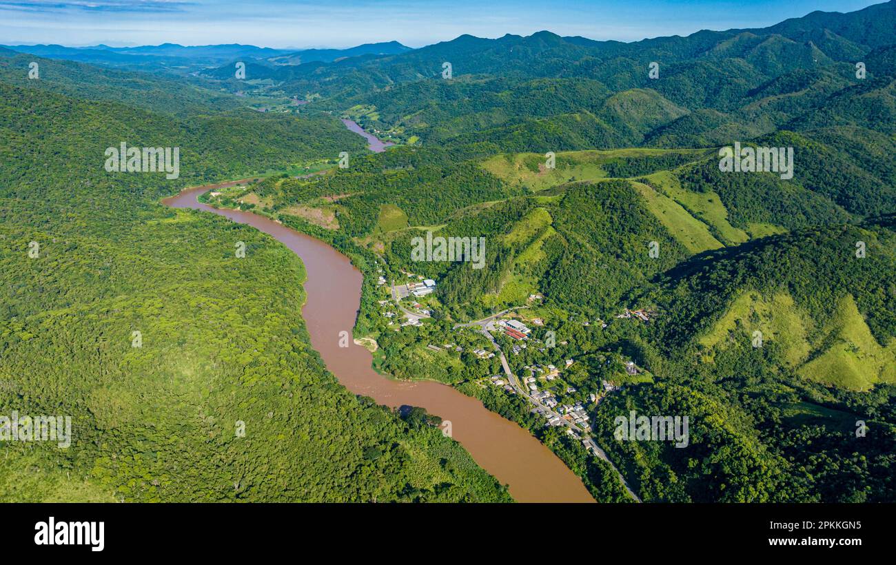 Aerial of the Iguape River, Atlantic Forest South-East Reserves, Alto Ribeira Touristic State Park, Sao Paulo State, Brazil Stock Photo