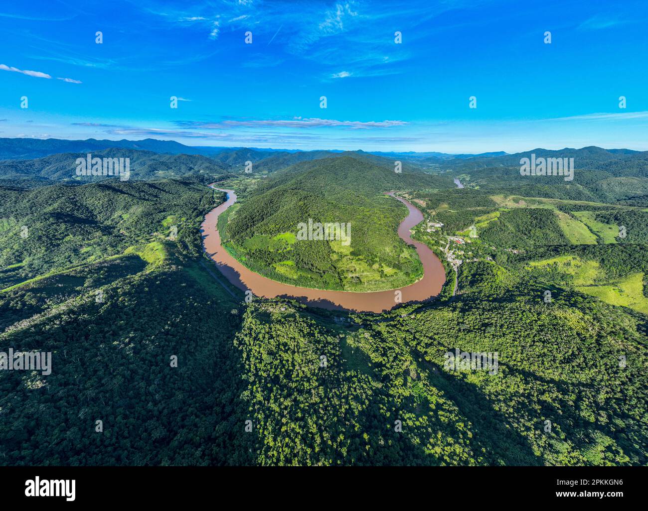 Aerial of the Iguape River, Atlantic Forest South-East Reserves, Alto Ribeira Touristic State Park, Sao Paulo State, Brazil Stock Photo