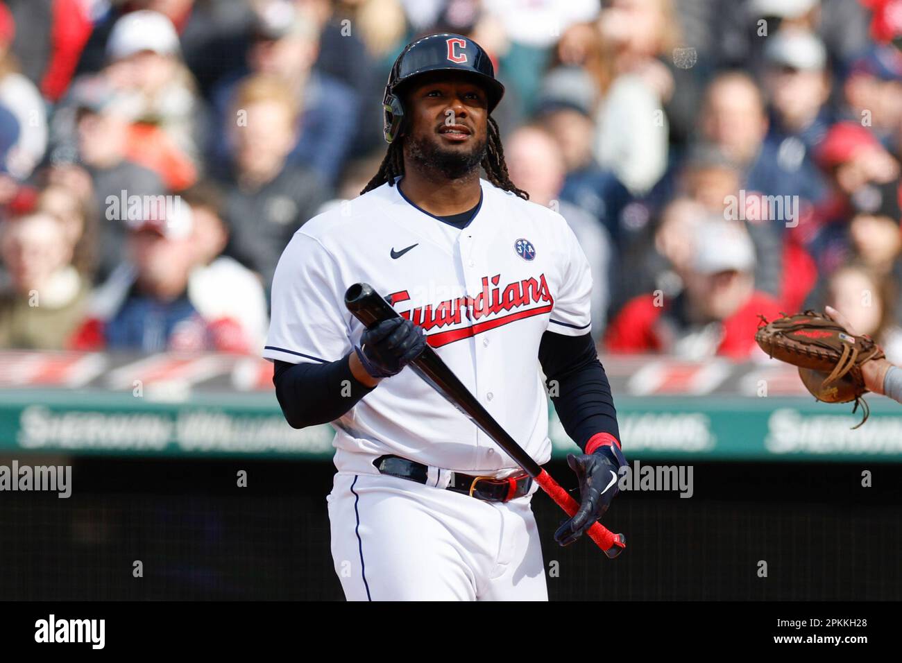 Cleveland Guardians' Josh Bell bats against the Seattle Mariners