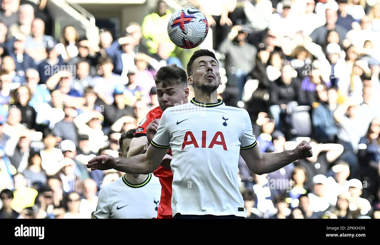 London, UK. 8th Apr, 2023. Clément Lenglet (Tottenham) heads in front