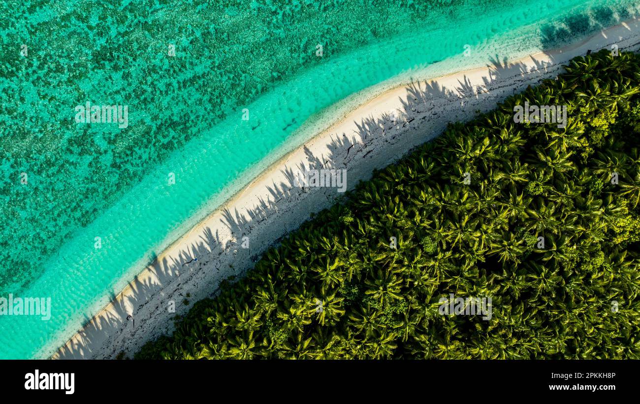 Aerial of a white sand beach, Cocos (Keeling) Islands, Australian Indian Ocean Territory, Australia, Indian Ocean Stock Photo