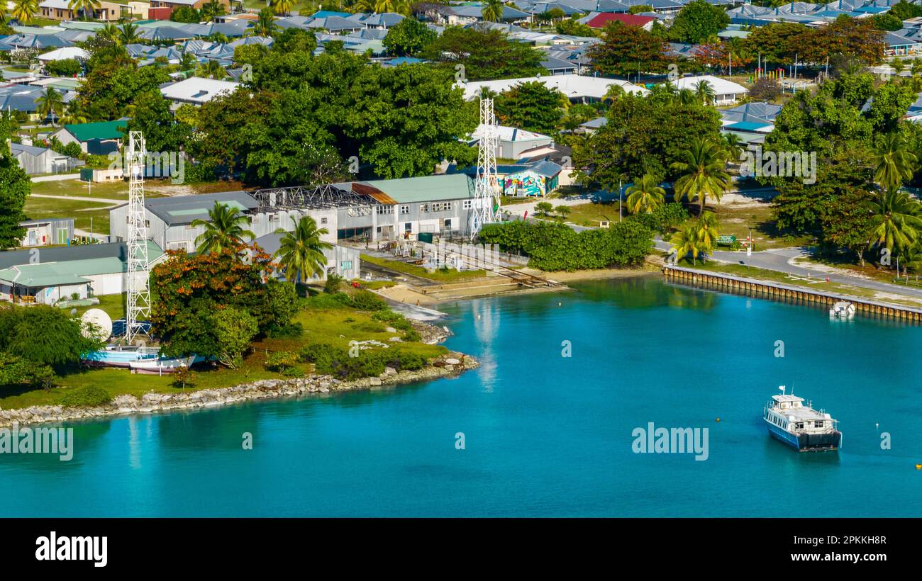 Aerial of a little village of Cocos (Keeling) Islands, Australian Indian Ocean Territory, Australia, Indian Ocean Stock Photo