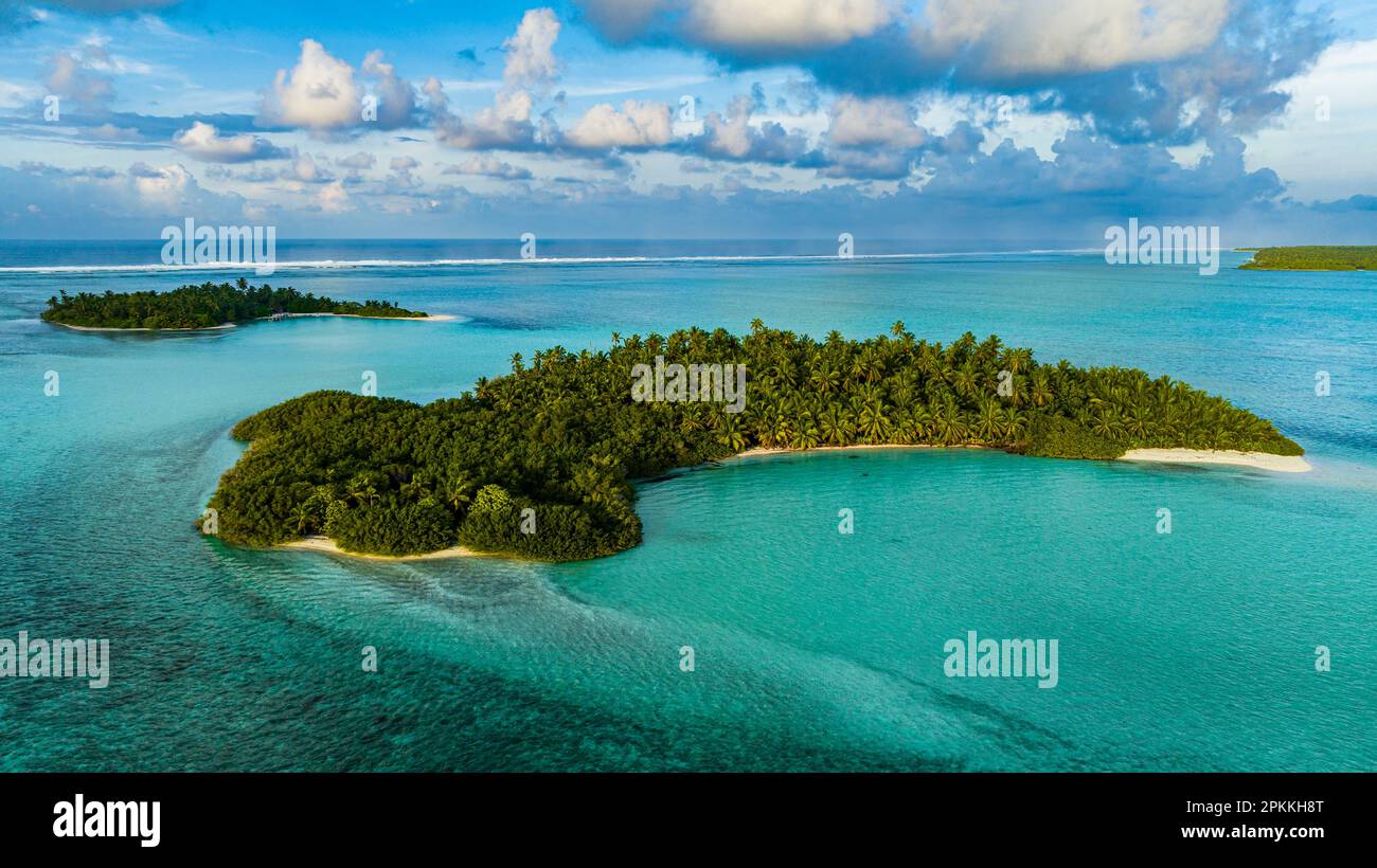 Aerial of little islands, Cocos (Keeling) Islands, Australian Indian Ocean Territory, Australia, Indian Ocean Stock Photo