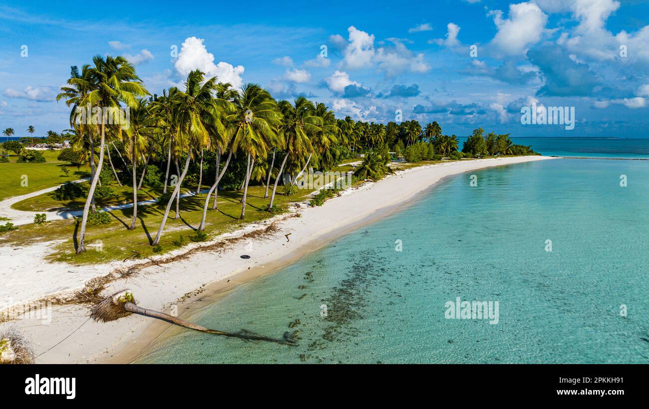 Aerial of white sand beach on Home Island, Cocos (Keeling) Islands, Australian Indian Ocean Territory, Australia, Indian Ocean Stock Photo