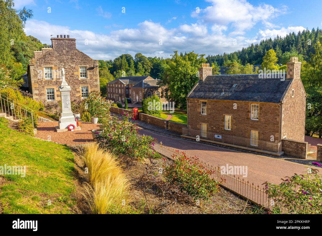Robert Owen's house and War Memorial, New Lanark, UNESCO World Heritage Site, Lanarkshire, Scotland, United Kingdom, Europe Stock Photo