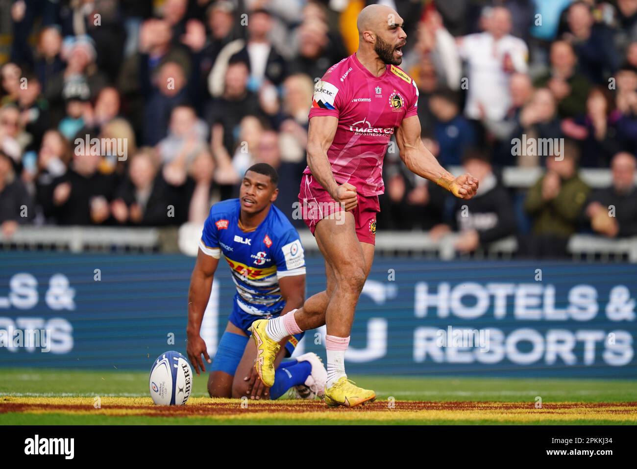 Exeter Chiefs’ Olly Woodburn celebrates after scoring their sides