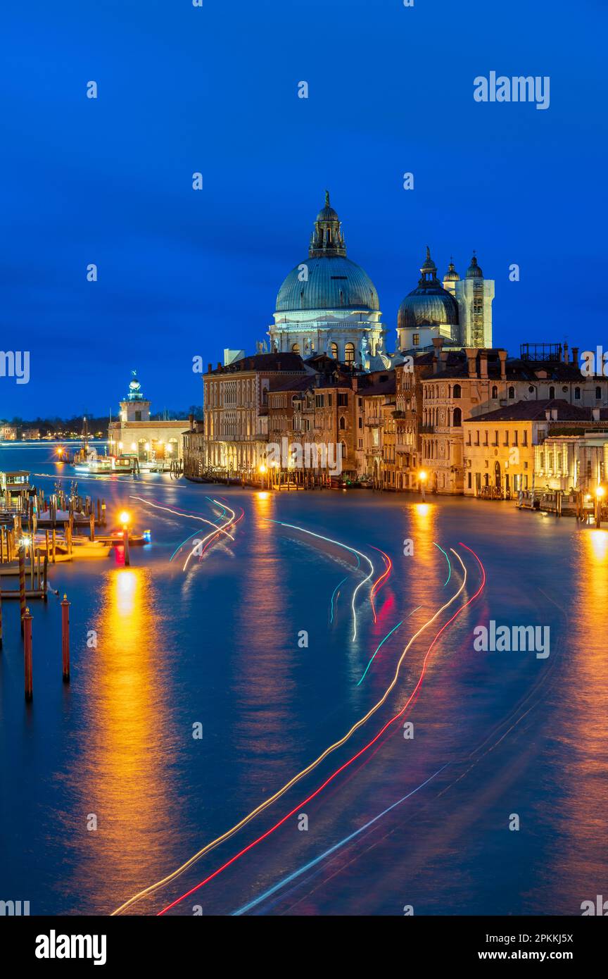 Night view of the Grand Canal and the Basilica Santa Maria della Salute, Venice, UNESCO World Heritage Site, Veneto, Italy, Europe Stock Photo