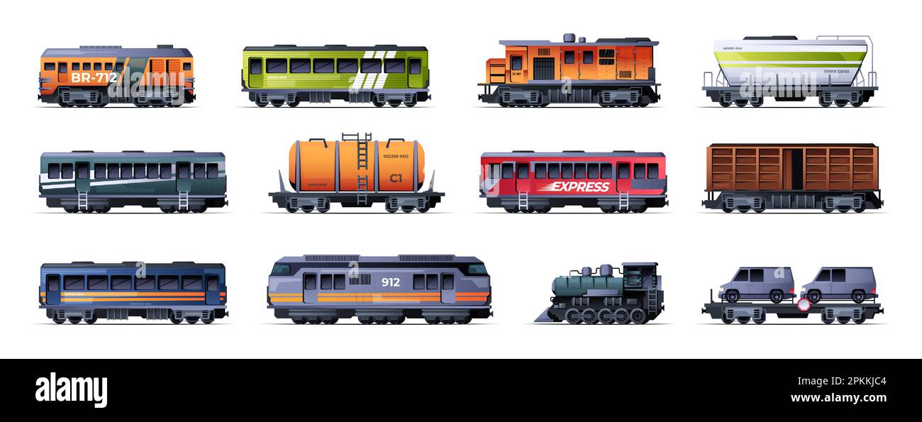 Cargo wagons. Cartoon transport wagon with cargo and containers, flat transport industrial van with cargo and goods. Vector isolated set. Passenger and fright vehicles for shipment Stock Vector