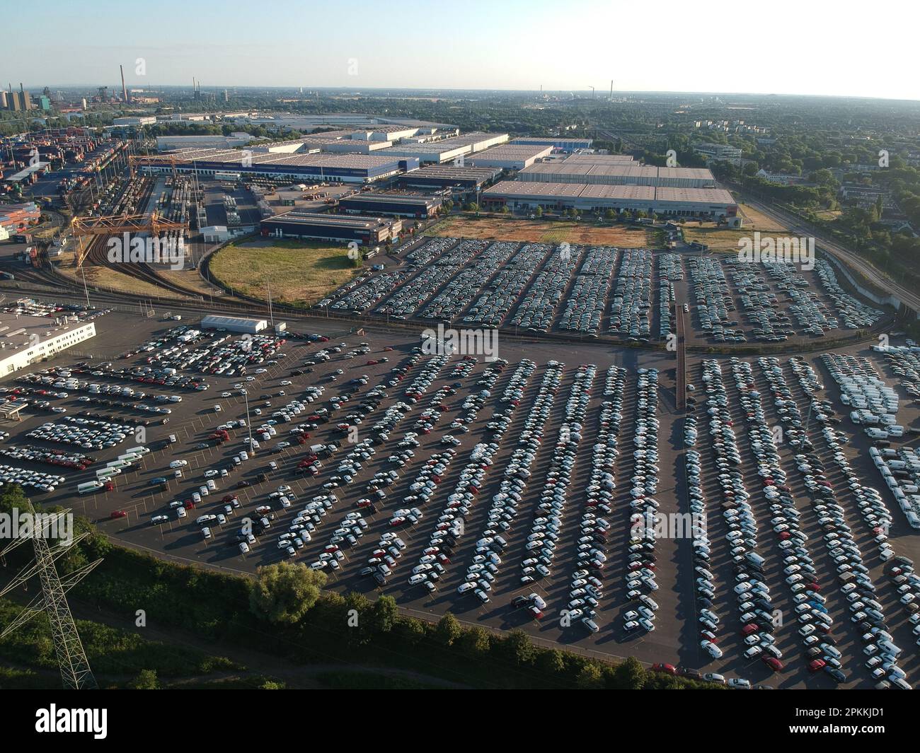 08.07.2018. Duisburg, Germany. Logport I Autoterminal,  part of the DuisPort port area in Duisburg, Germany. Logport I is used to store cars arriving Stock Photo