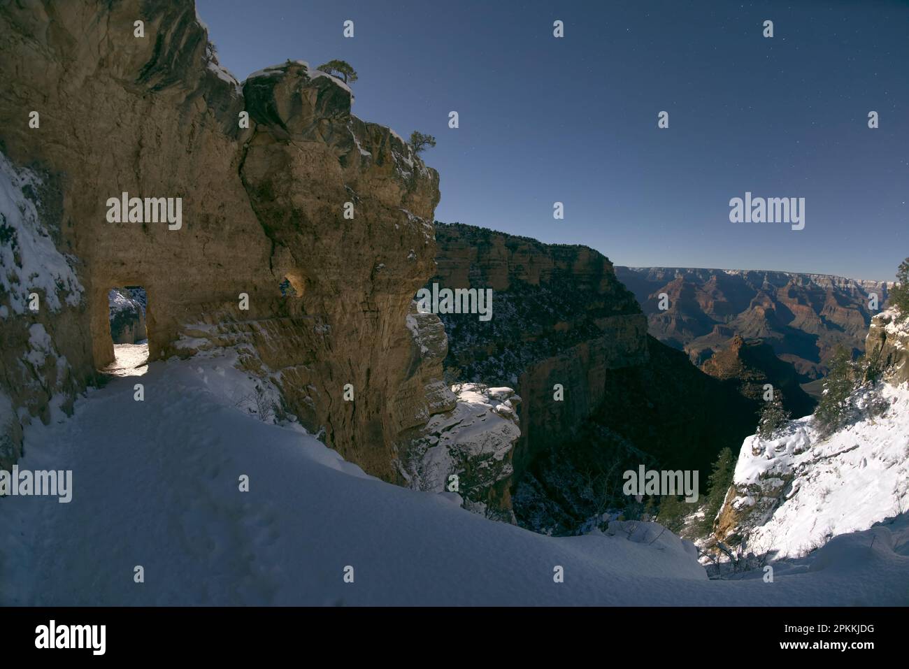 The first tunnel along Bright Angel Trail in winter under Moonlight on