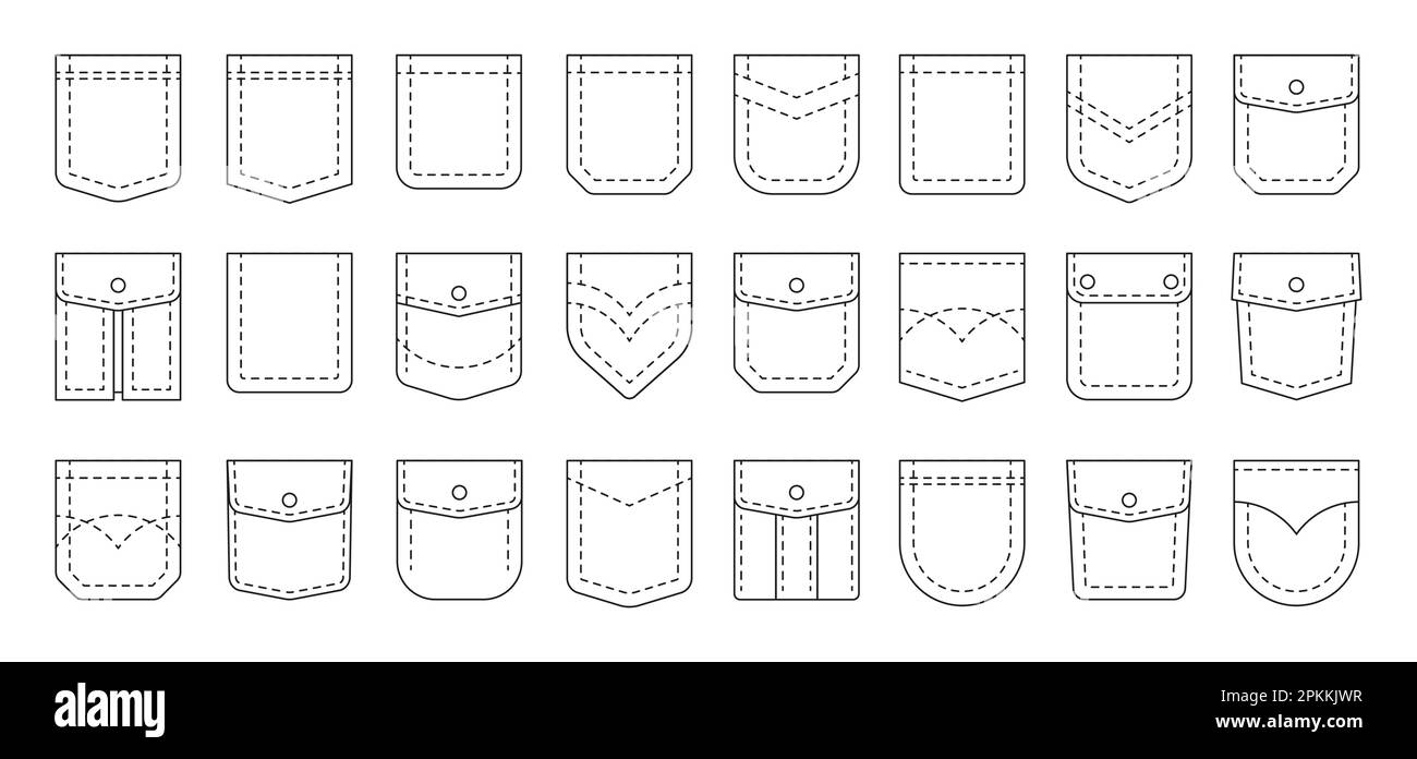 Line pockets. Sewing outline patches for men and women pants, textile uniform and bagged cloth elements. Vector cotton fabric shapes set. Fashion wear, casual style clothing isolated objects Stock Vector