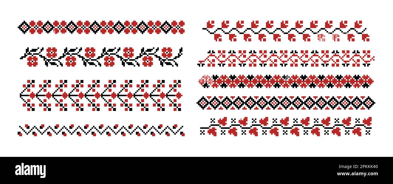 Traditional Ukrainian embroidery. Ukrainian folk border, ethnic slavic retro needlecraft elements, decorative repeat pattern. Vector ornamental set. Patriotic motif, elegant needlework Stock Vector