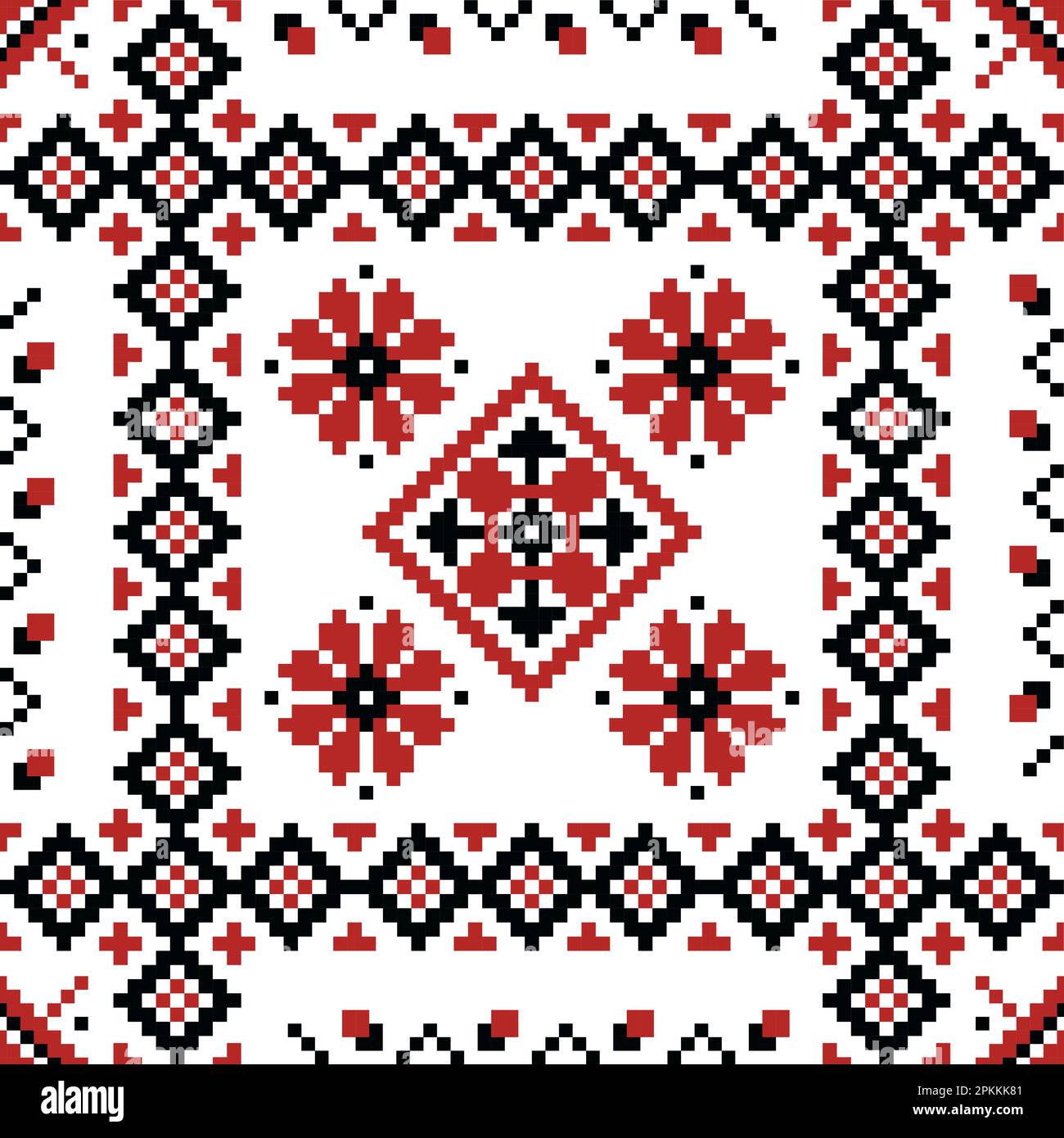 Ukrainian embroidery pattern. Seamless print of slavic traditional border with ethnic abstract figures. Vector Ukrainian fabric motif texture. Ornamental needlework design with floral motif Stock Vector