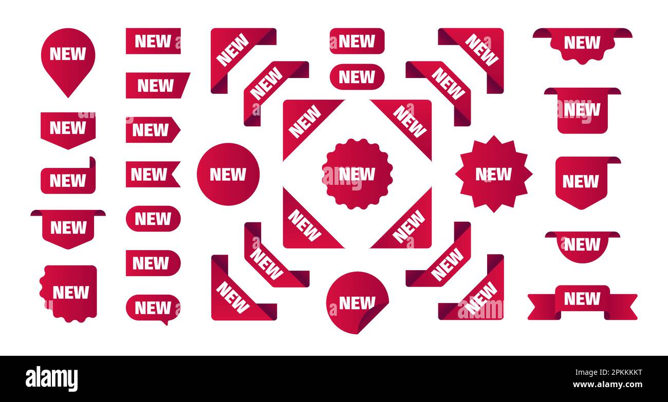 New red stickers. Abstract labels with ribbon accent for promotion